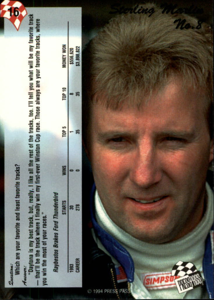1994 Press Pass #16 Sterling Marlin back image