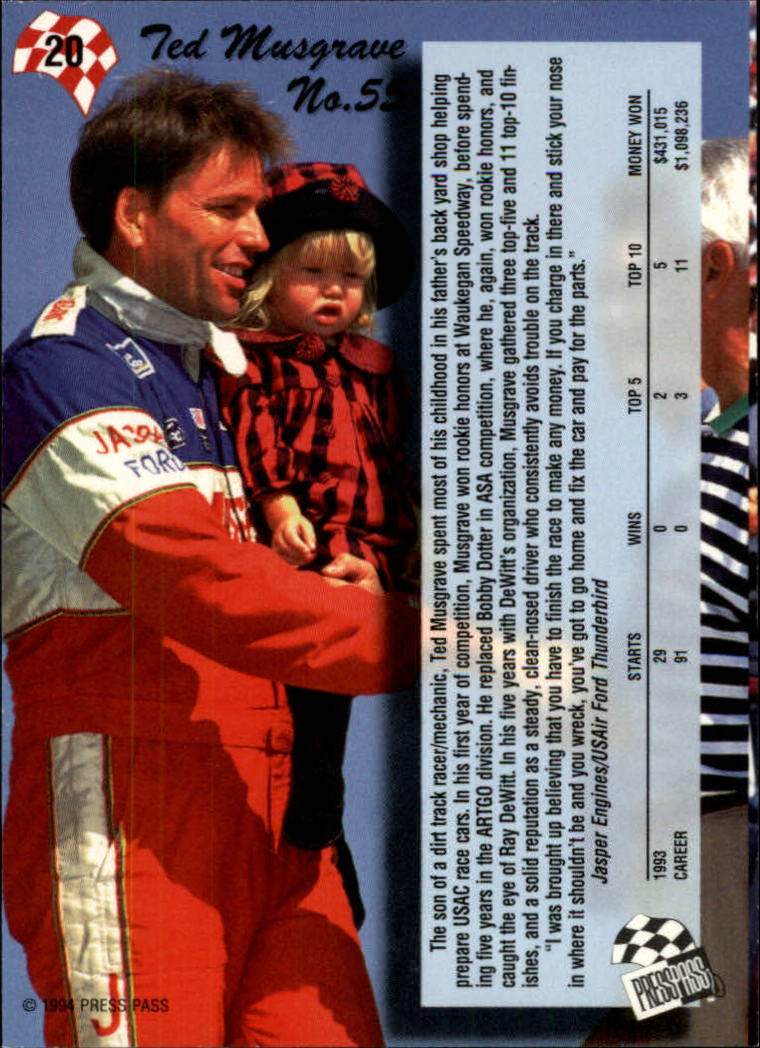 1994 Press Pass #20 Ted Musgrave back image