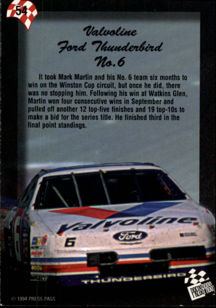 1994 Press Pass #54 Mark Martin's Car back image