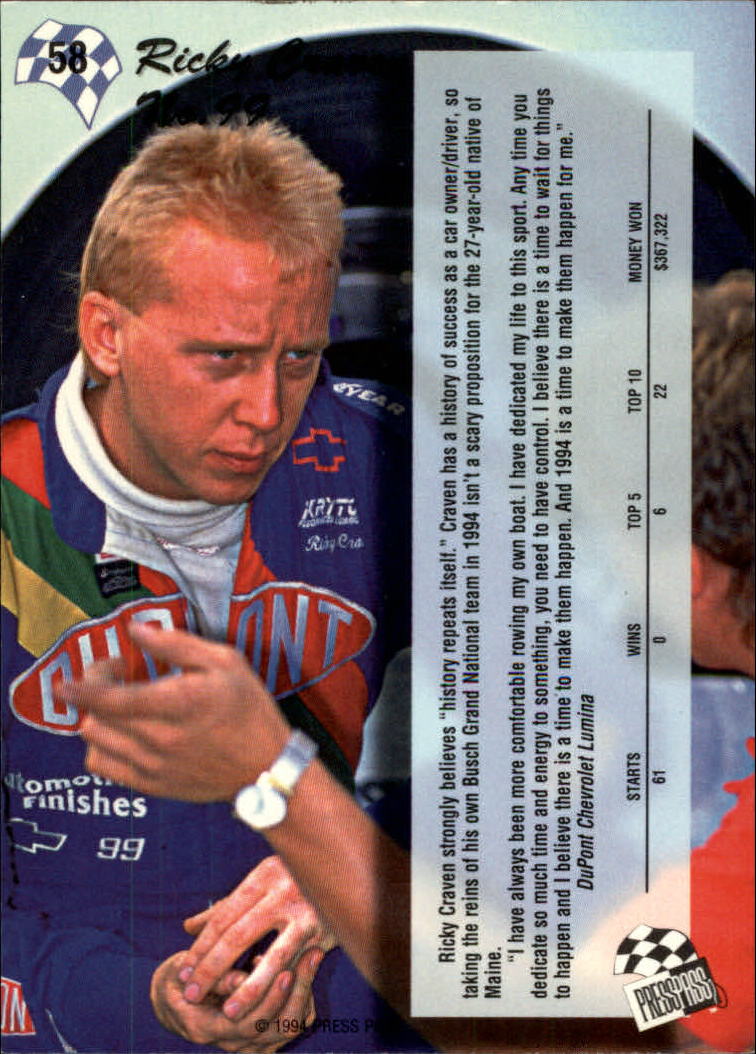 1994 Press Pass #58 Ricky Craven back image