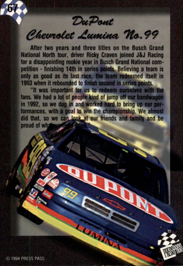1994 Press Pass #67 Ricky Craven's Car back image