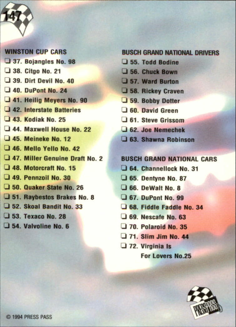 A5662- 1994 Press Pass Auto Racing 1-150 +Rookies -You Pick- 15+ FREE US SHIP - Picture 279 of 285