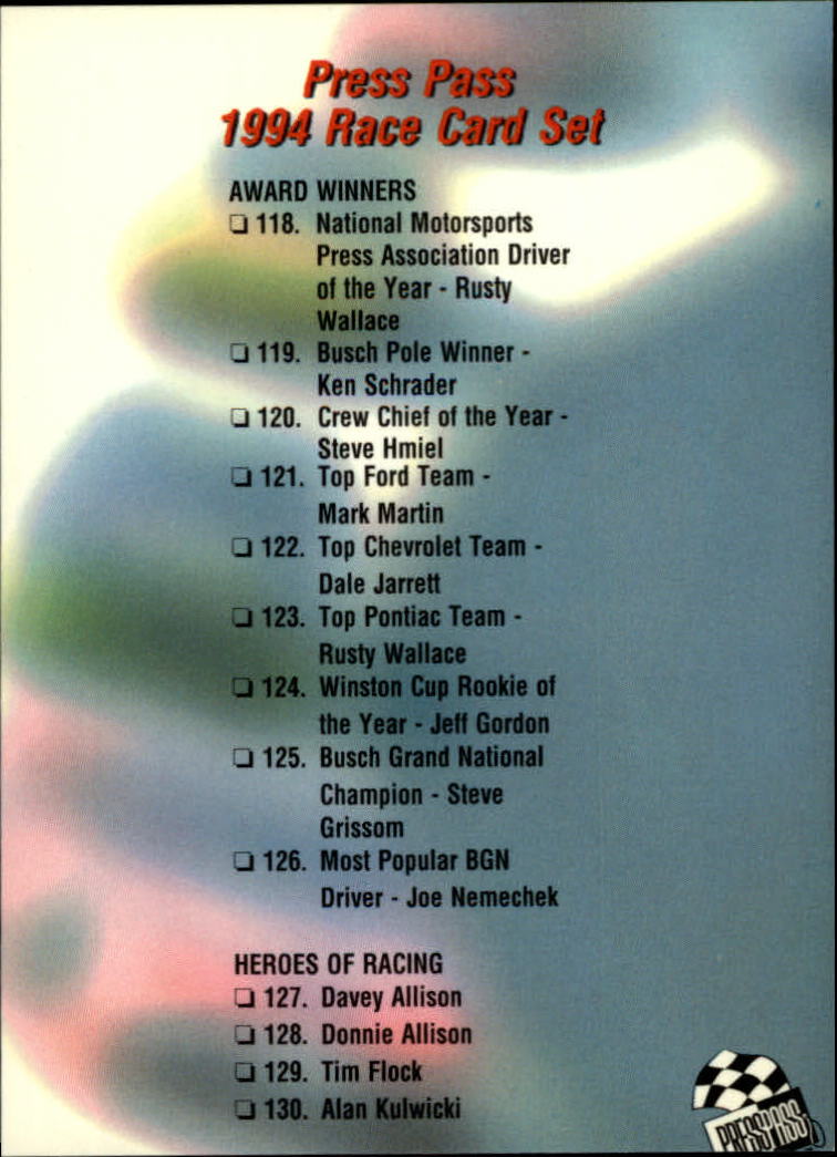 A5662- 1994 Press Pass Auto Racing 1-150 +Rookies -You Pick- 15+ FREE US SHIP - Picture 282 of 285