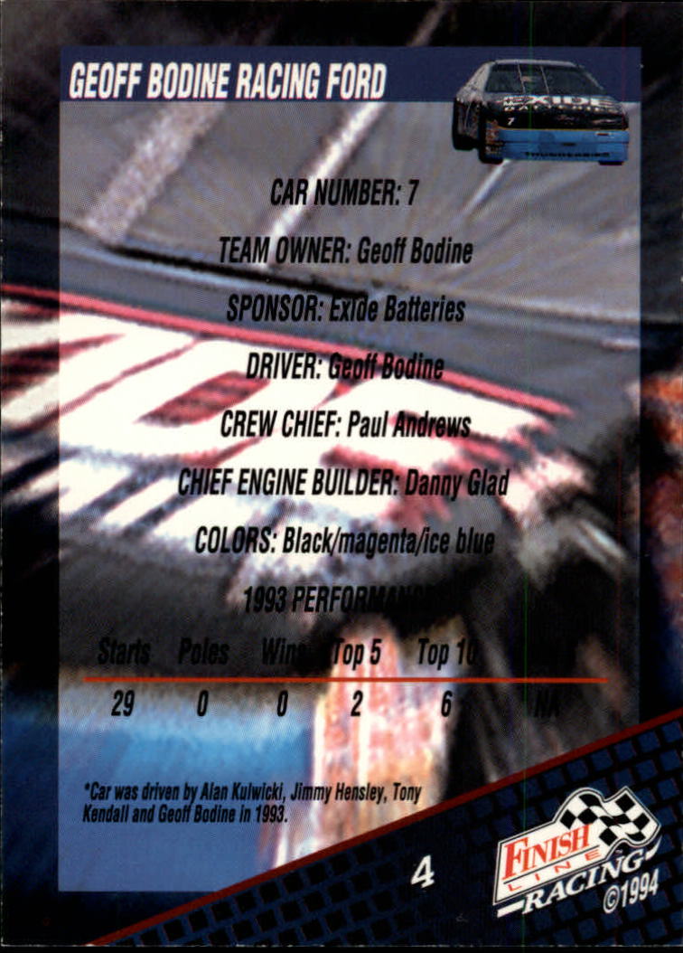 1994 Finish Line #4 Geoff Bodine's Car back image