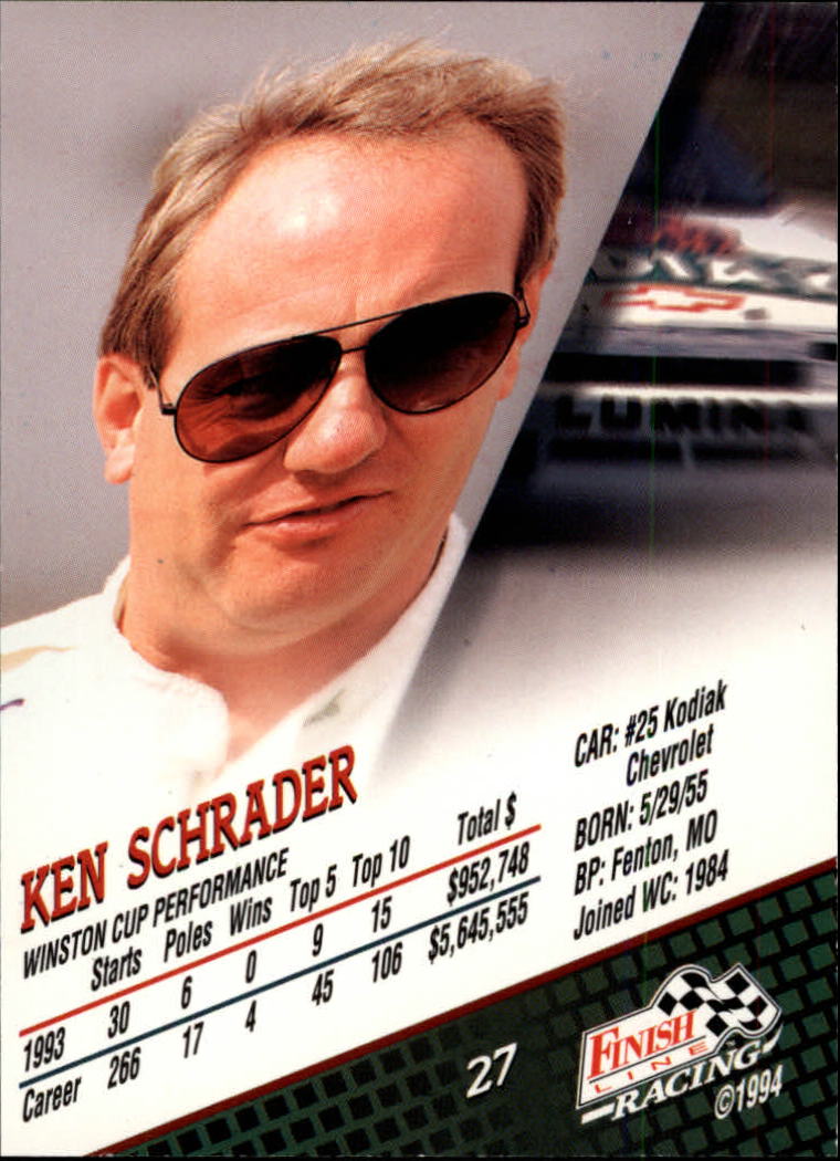 1994 Finish Line #27 Ken Schrader back image