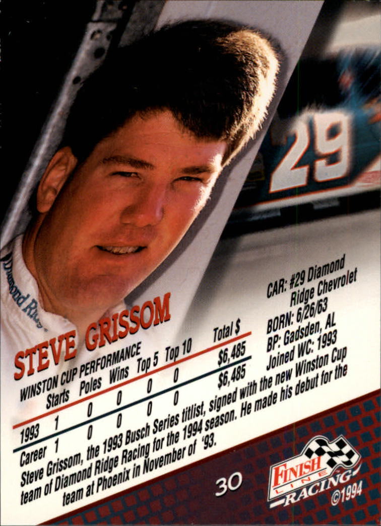 1994 Finish Line #30 Steve Grissom back image