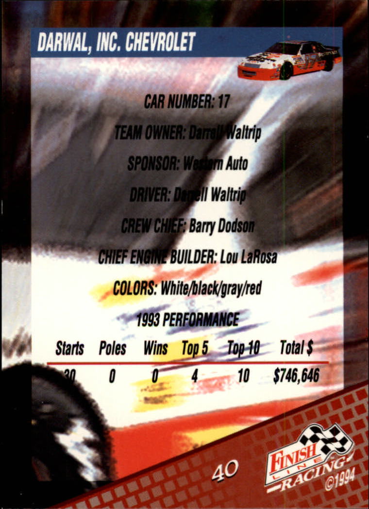 1994 Finish Line #40 Darrell Waltrip's Car back image