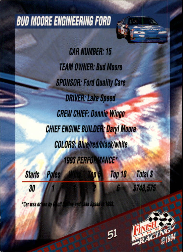 1994 Finish Line #51 Lake Speed's Car back image