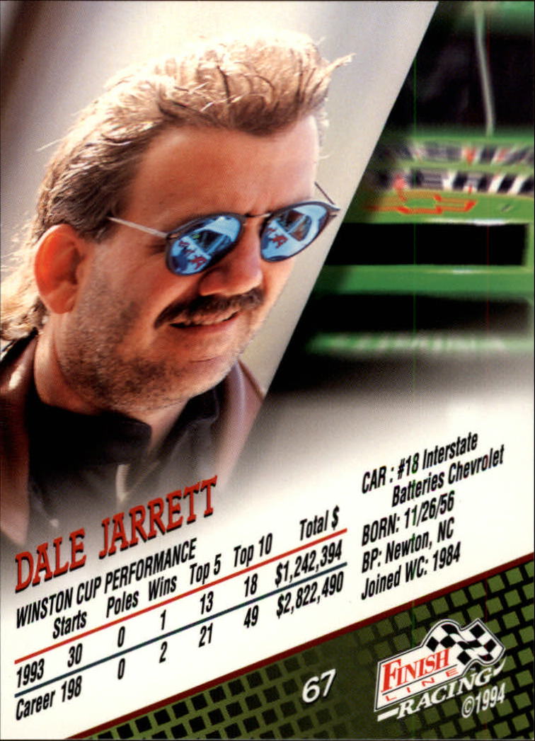 1994 Finish Line #67 Dale Jarrett back image