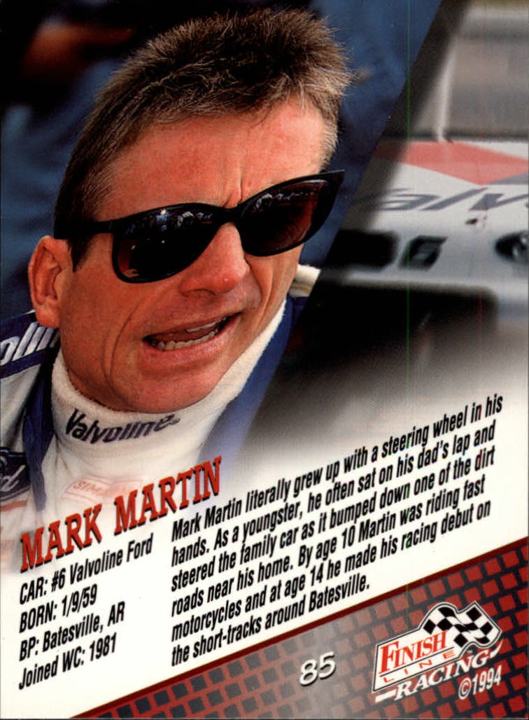 1994 Finish Line #85 Mark Martin back image