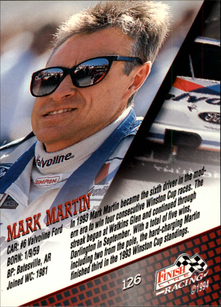 1994 Finish Line #126 Mark Martin back image