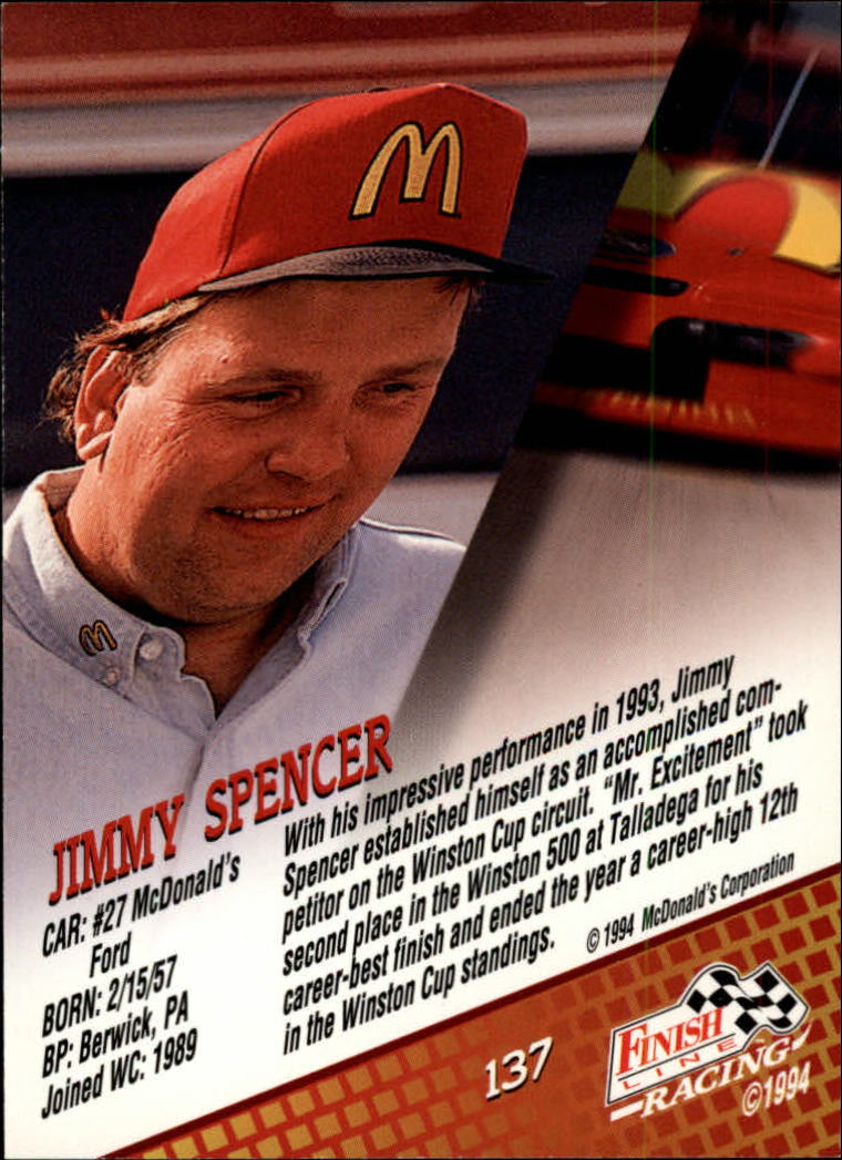 1994 Finish Line #137 Jimmy Spencer back image