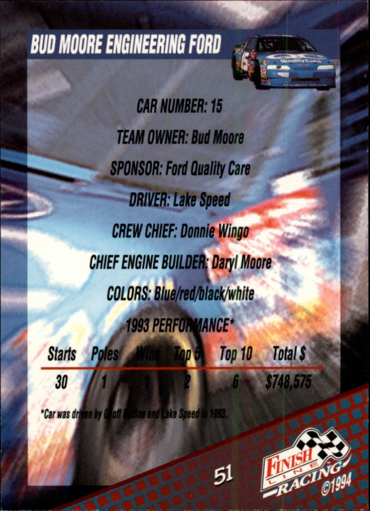 1994 Finish Line Silver #51 Lake Speed's Car back image