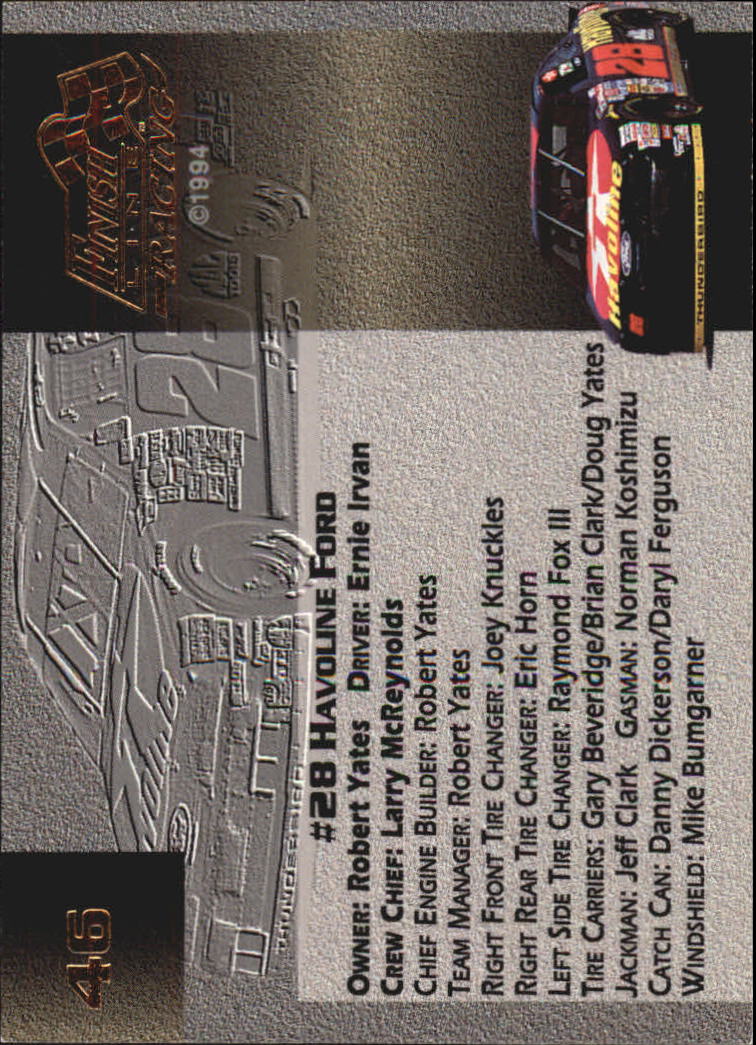 1994 Finish Line Gold #46 Ernie Irvan's Car back image