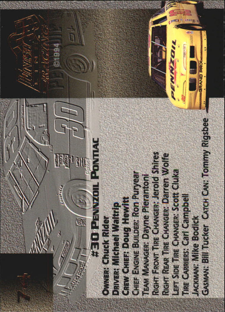 1994 Finish Line Gold #74 Michael Waltrip's Car back image