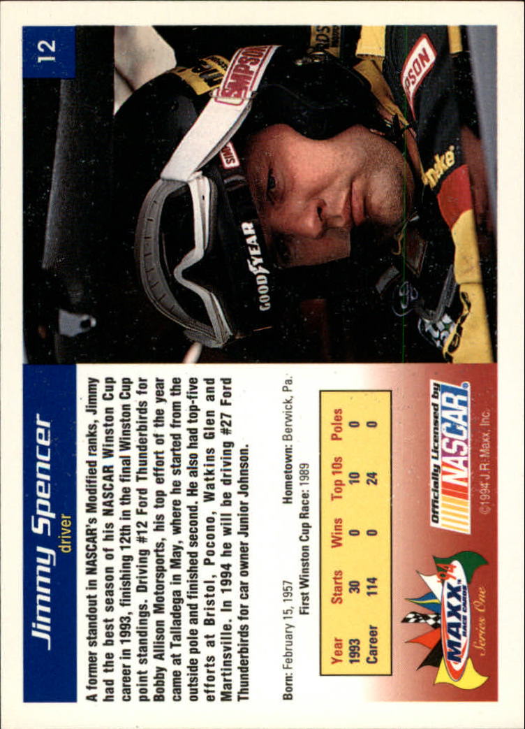 1994 Maxx #12 Jimmy Spencer back image