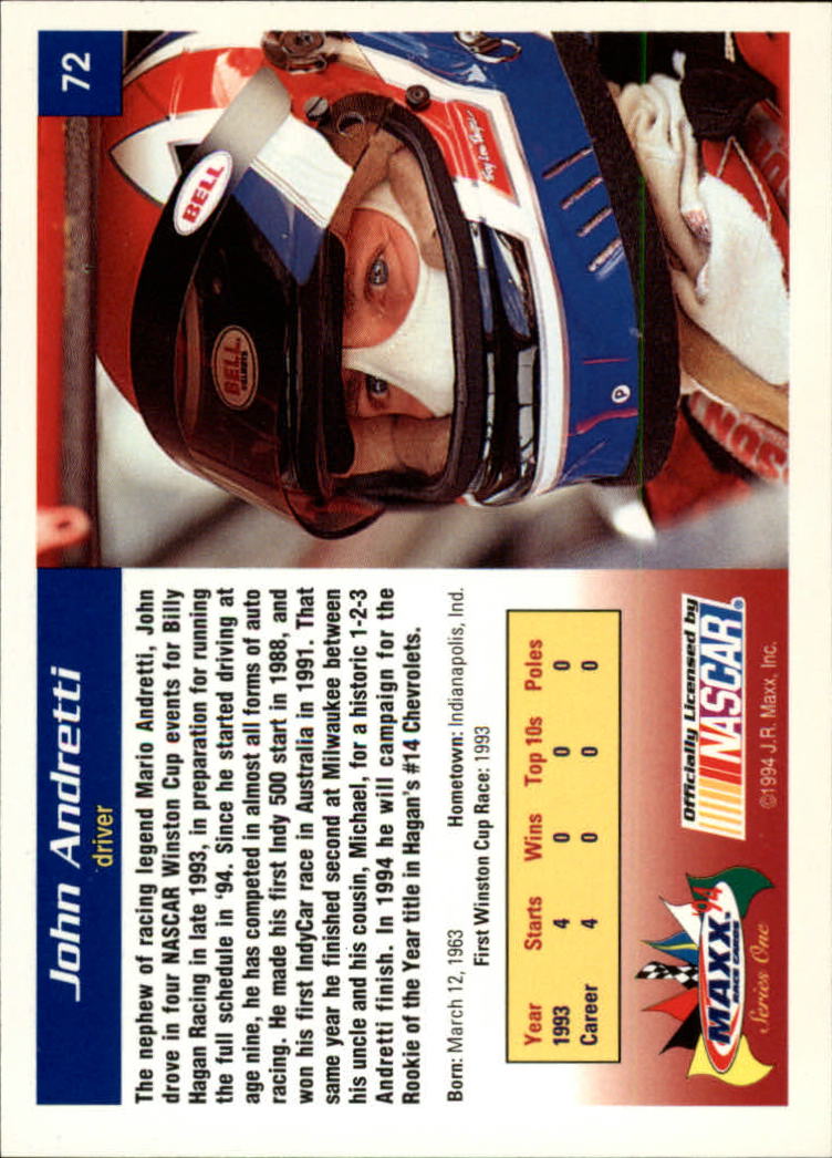 1994 Maxx #72 John Andretti RC back image