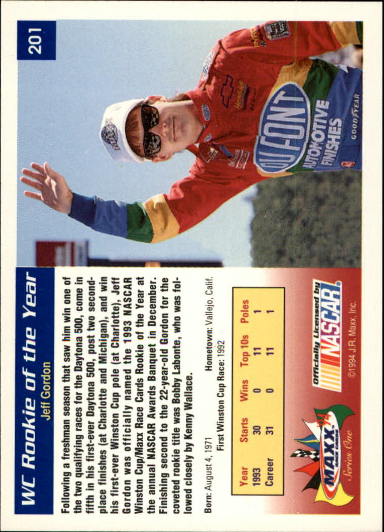 1994 Maxx #201 Jeff Gordon/WC Rookie of the Year back image