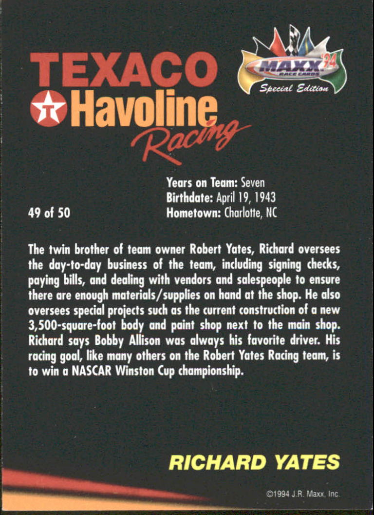 1994 Maxx Texaco Ernie Irvan #49 Richard Yates back image