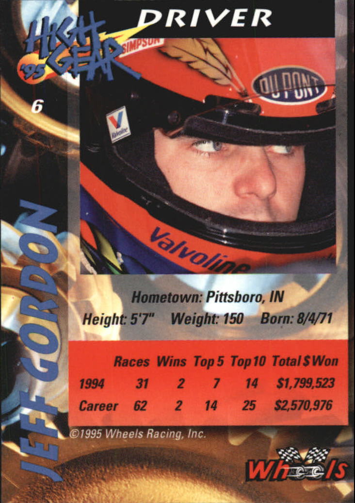 1995 Wheels High Gear Day One #6 Jeff Gordon back image