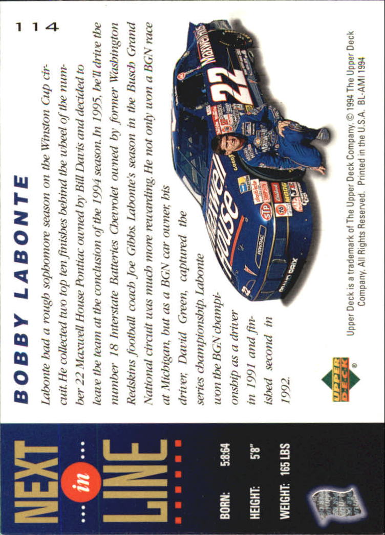 1995 Upper Deck #114 Bobby Labonte's Car NIL back image