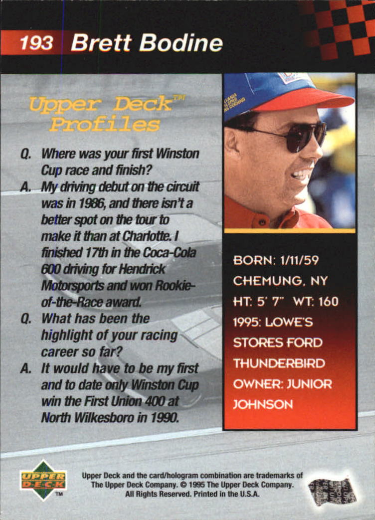 1995 Upper Deck #193 Brett Bodine back image