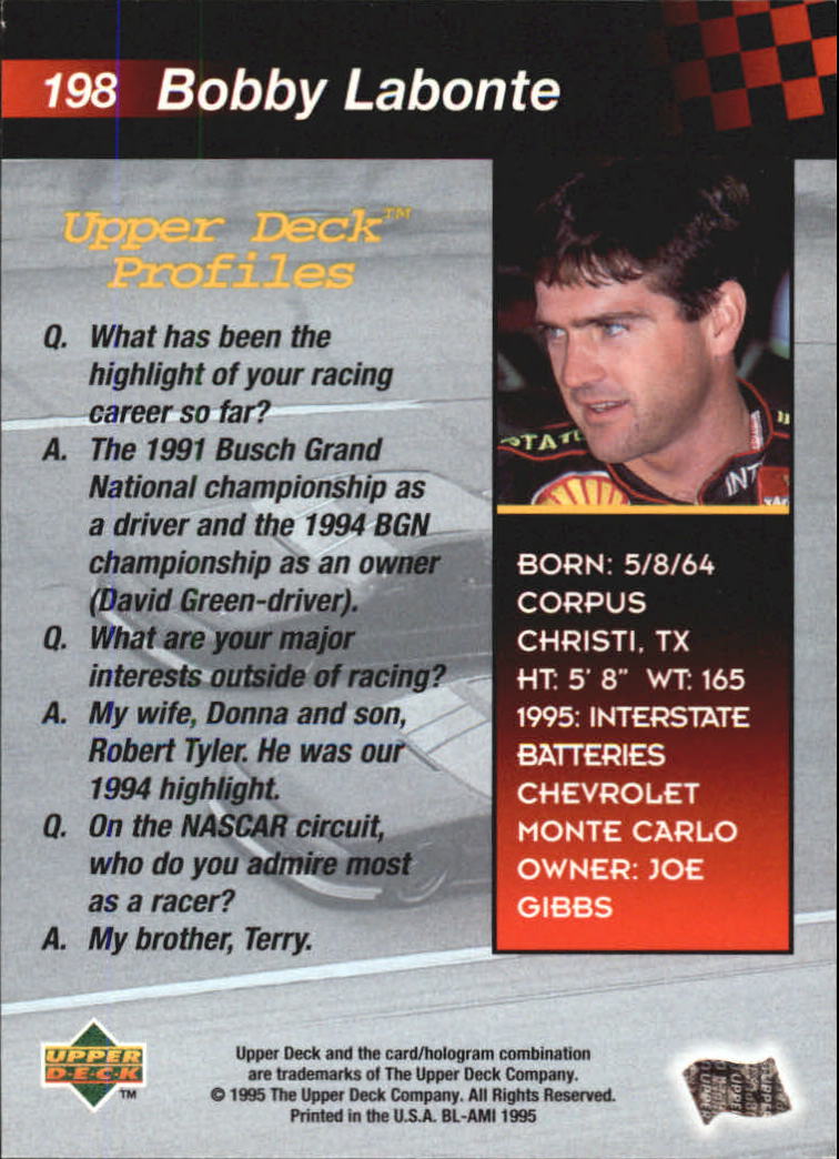 1995 Upper Deck #198 Bobby Labonte back image