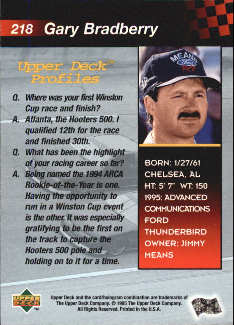 1995 Upper Deck #218 Gary Bradberry RC back image