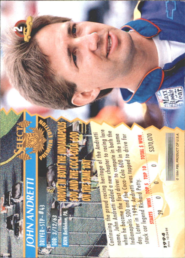 1995 Select #2 John Andretti back image