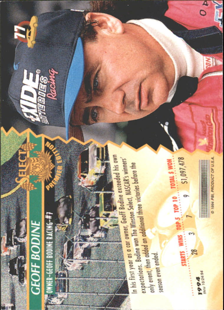 1995 Select #77 Geoff Bodine OWN back image