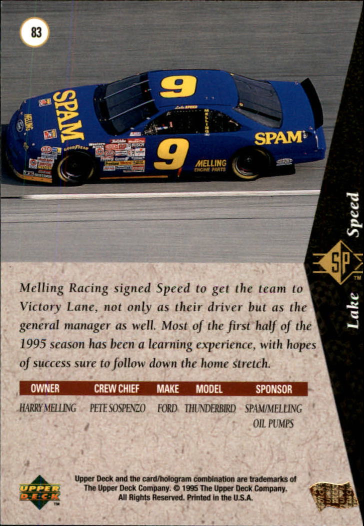 1995 SP #83 Lake Speed's Car back image
