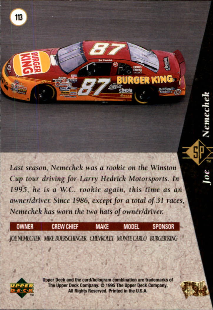 1995 SP #113 Joe Nemechek's Car back image