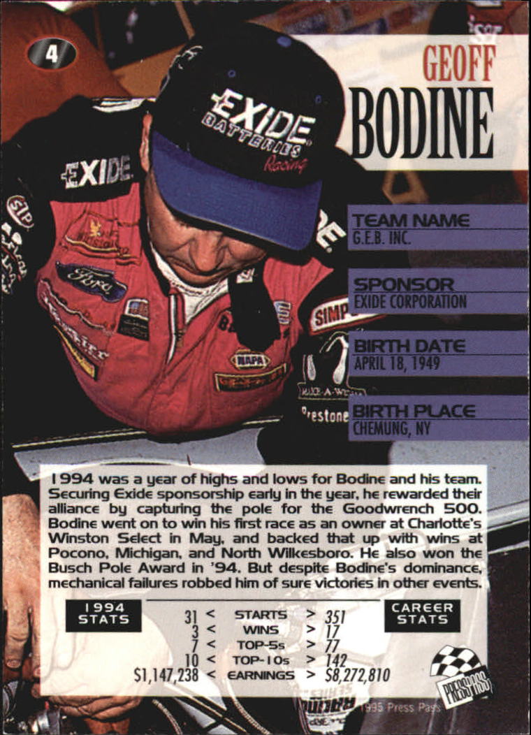 1995 Press Pass #4 Geoff Bodine back image
