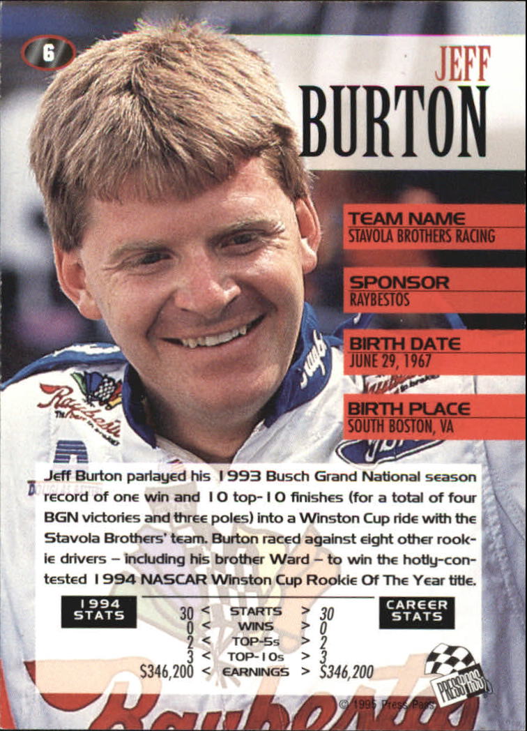 1995 Press Pass #6 Jeff Burton back image