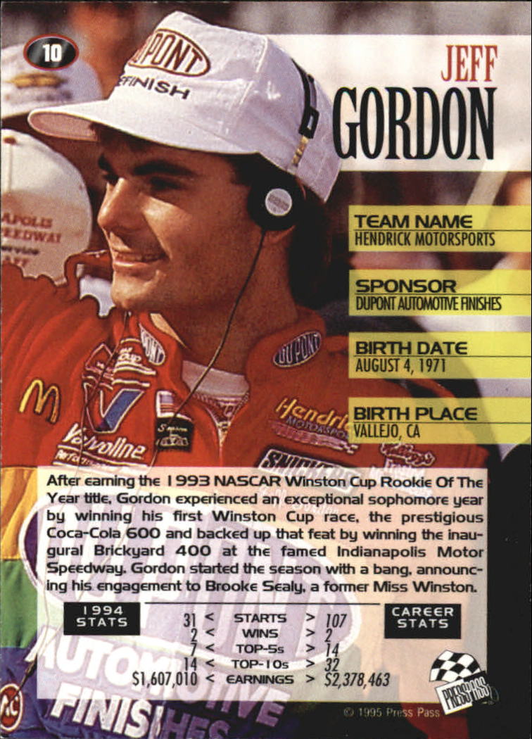 1995 Press Pass #10 Jeff Gordon back image