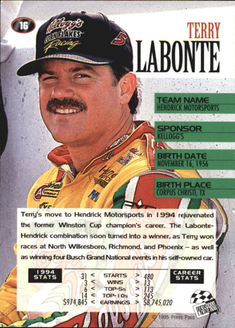 1995 Press Pass #16 Terry Labonte back image