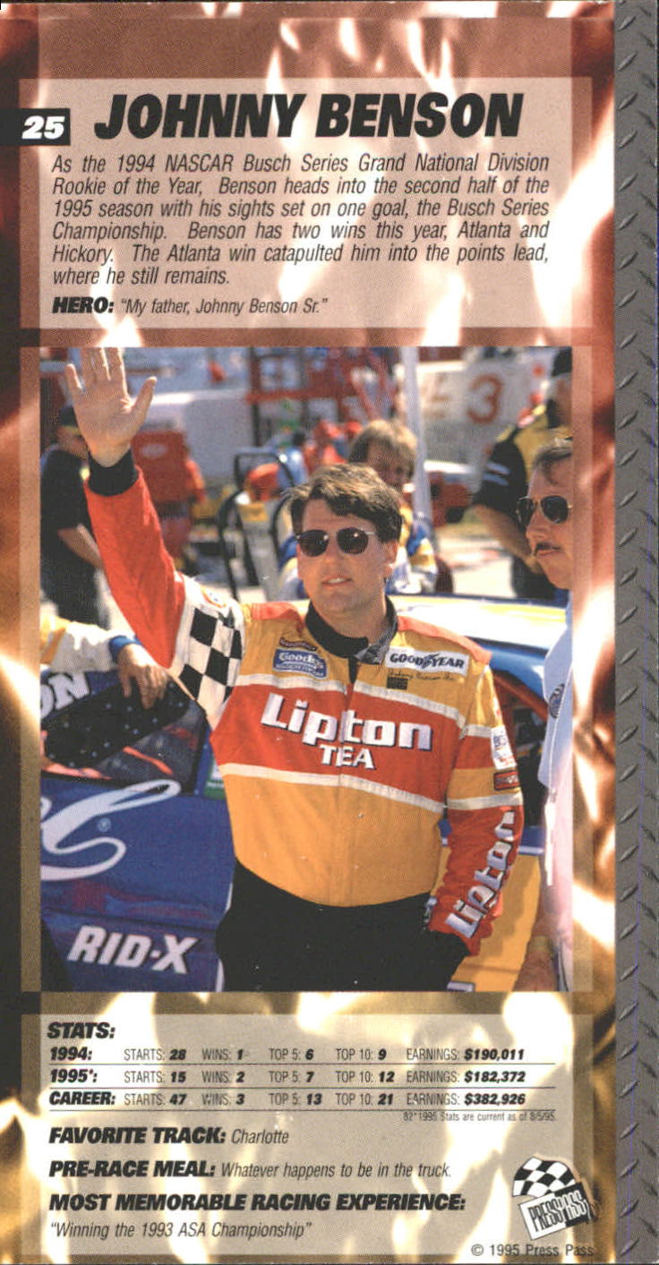 1995 Press Pass Optima XL #25 Johnny Benson Jr. back image