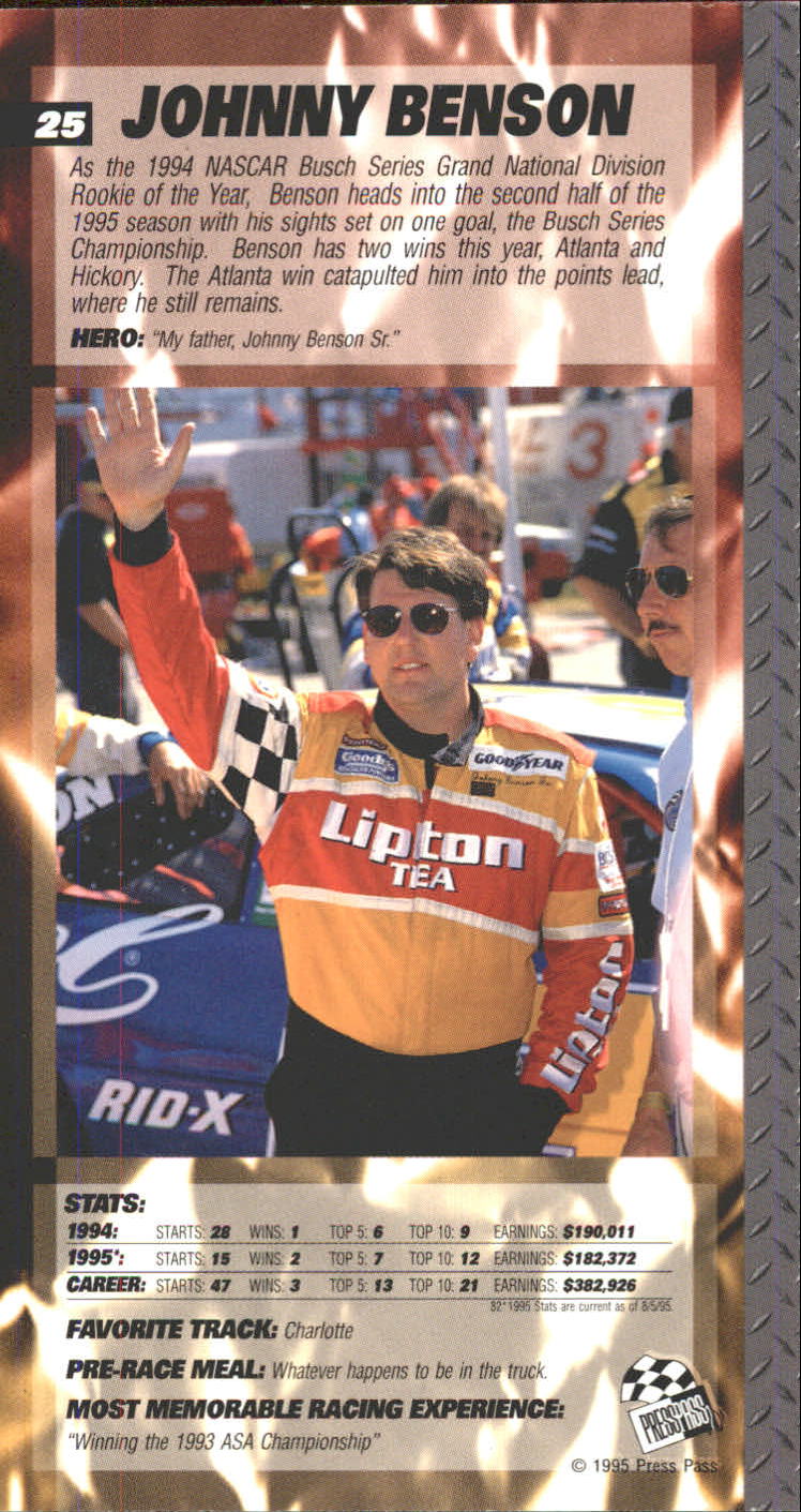 1995 Press Pass Optima XL Red Hot #25 Johnny Benson Jr. back image