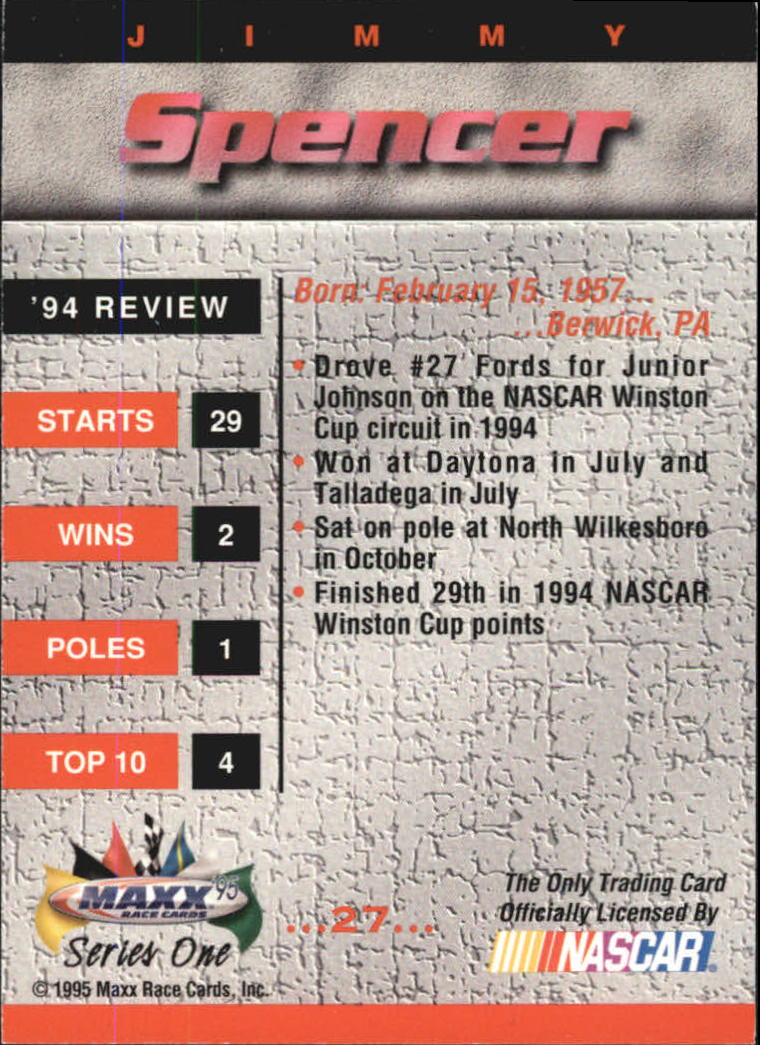 1995 Maxx #27 Jimmy Spencer back image