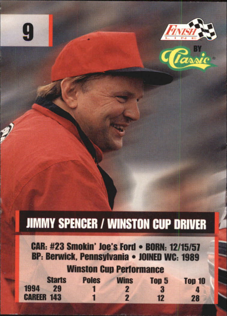 1995 Finish Line #9 Jimmy Spencer back image