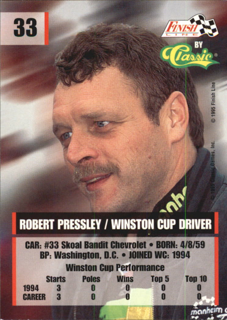 1995 Finish Line #33 Robert Pressley back image