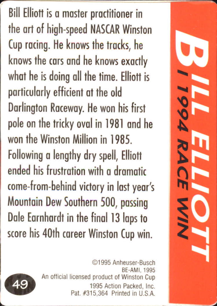 1995 Action Packed Preview #49 Bill Elliott WIN back image
