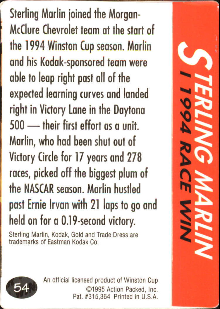 1995 Action Packed Preview #54 Sterling Marlin WIN back image