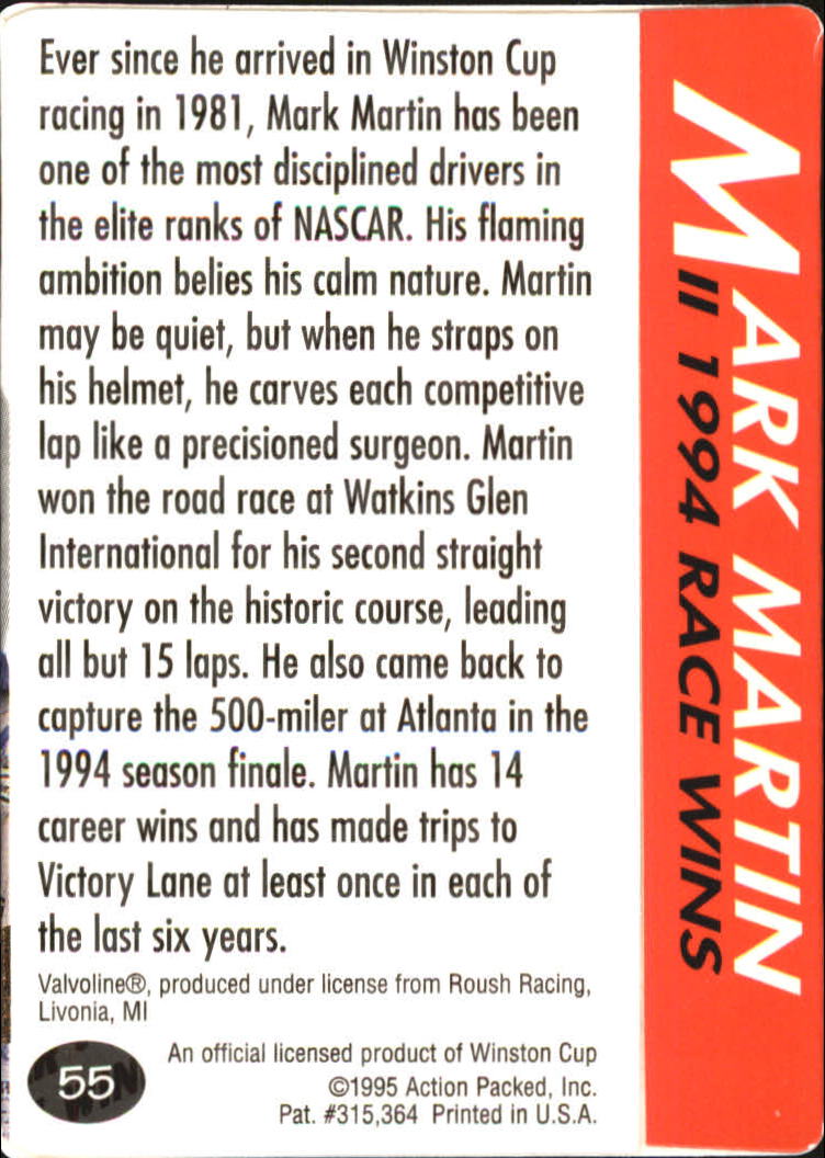 1995 Action Packed Preview #55 Mark Martin WIN back image