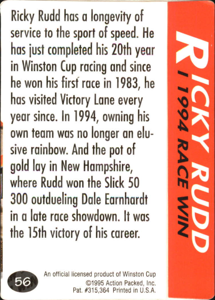 1995 Action Packed Preview #56 Ricky Rudd WIN back image