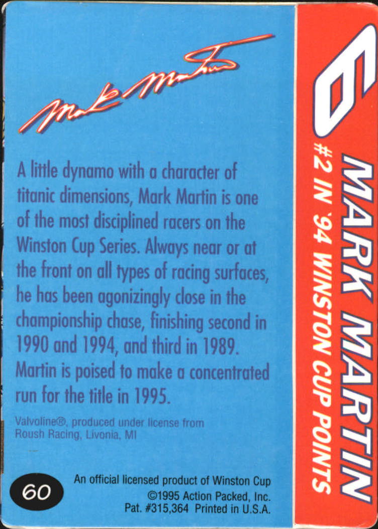 1995 Action Packed Preview #60 Mark Martin T10 back image