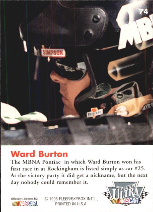 1996 Ultra #74 Ward Burton's Car back image