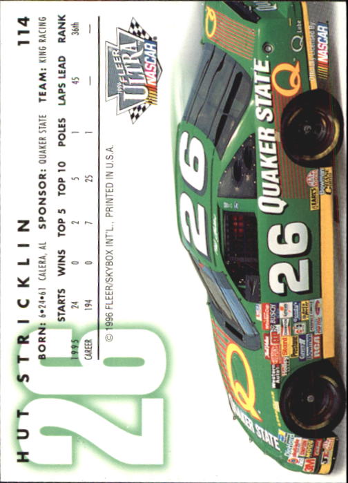 1996 Ultra #114 Hut Stricklin back image