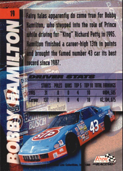 1996 Finish Line #19 Bobby Hamilton back image