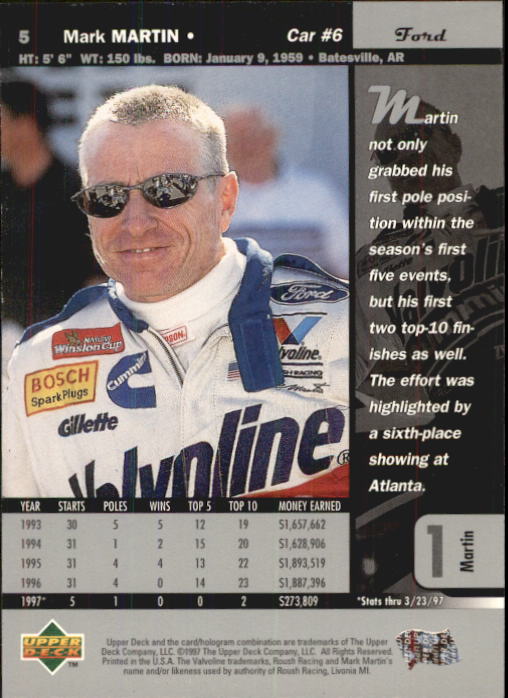 1997 Upper Deck Road To The Cup #5 Mark Martin back image